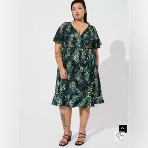 Torrid Midi Bubble Charm Flutter Sleeve Wrap Dress Black Green Plus Size 1X